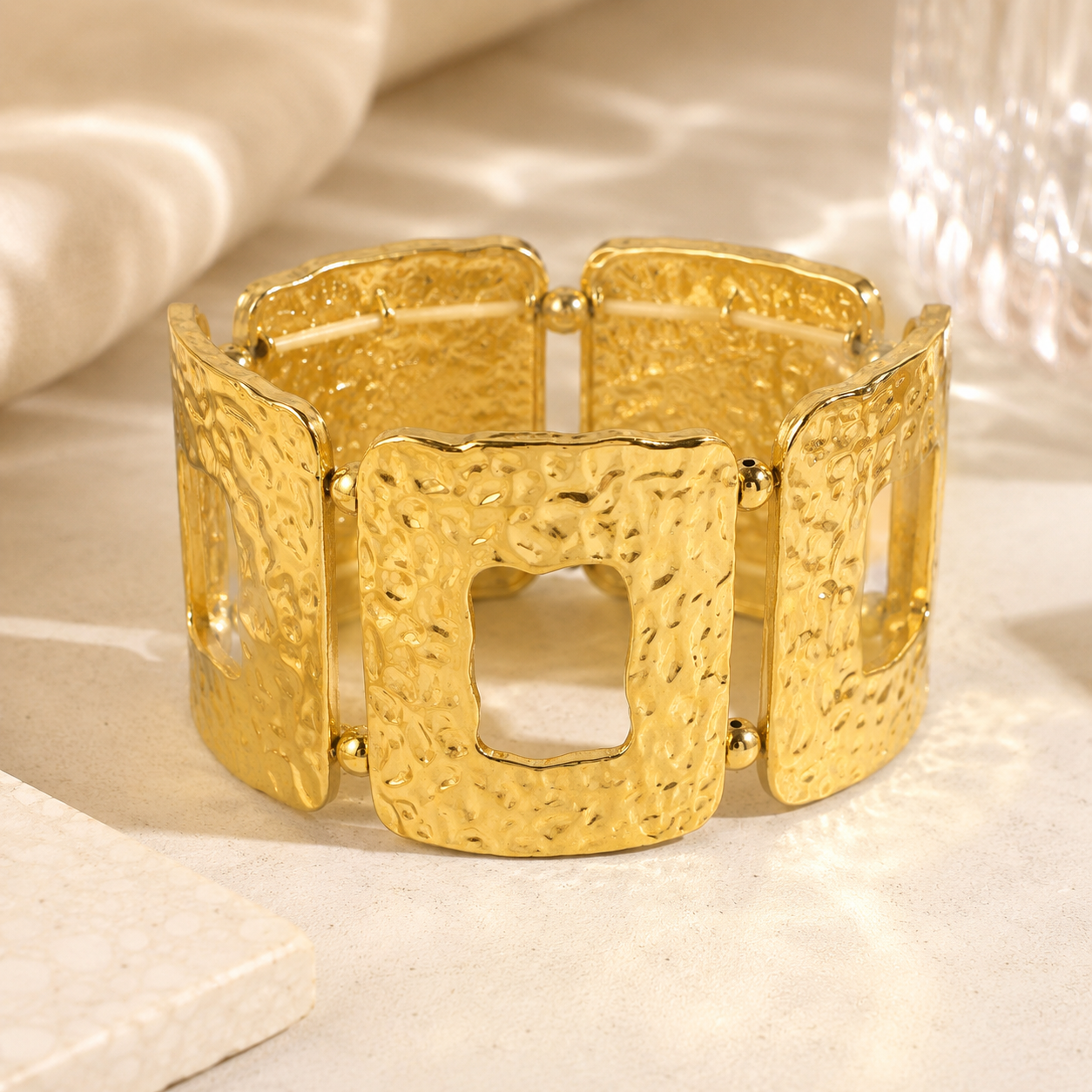 Gold Hammered Metal Stretch Cuff Bracelet