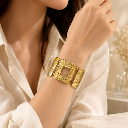 Gold Hammered Metal Stretch Cuff Bracelet